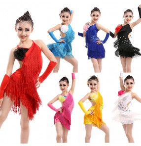 Royal blue turquoise yellow gold white yellow gold black white hot pink fringes girls kids children performance competition professional latin salsa cha cha dance dresses 